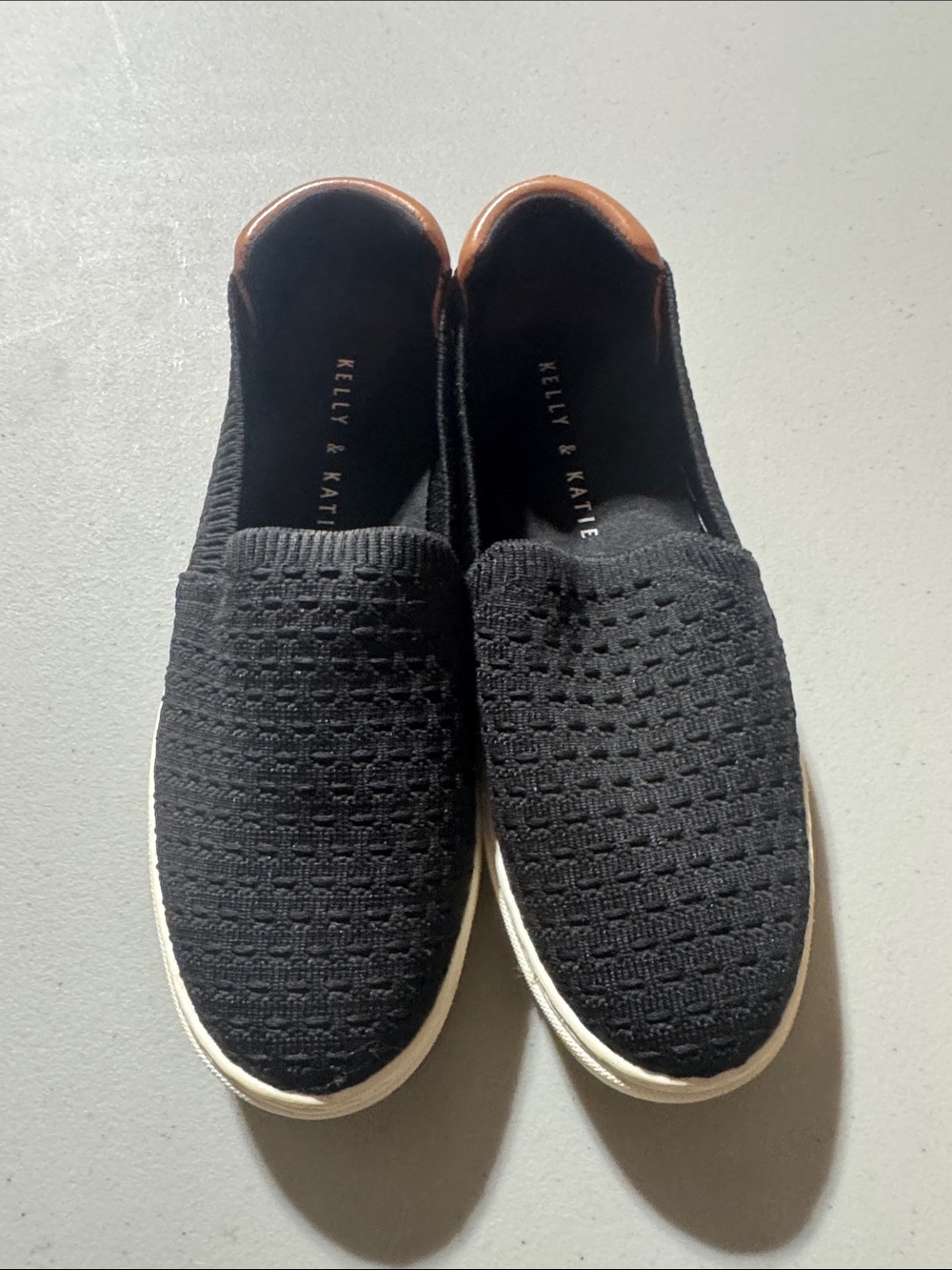 Kelly & Katie Black Knit Slip-On Loafers with Brown Heel Accent